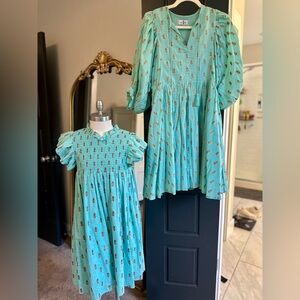 Ella Gray Goldbug Mommy & Me Dress Set Smocked Girls Size 9/10 + Adult S